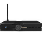 iFi Audio NEO Stream 3 music streamer with sleek black design and front display, connected to audio equipment for high-quality streaming.