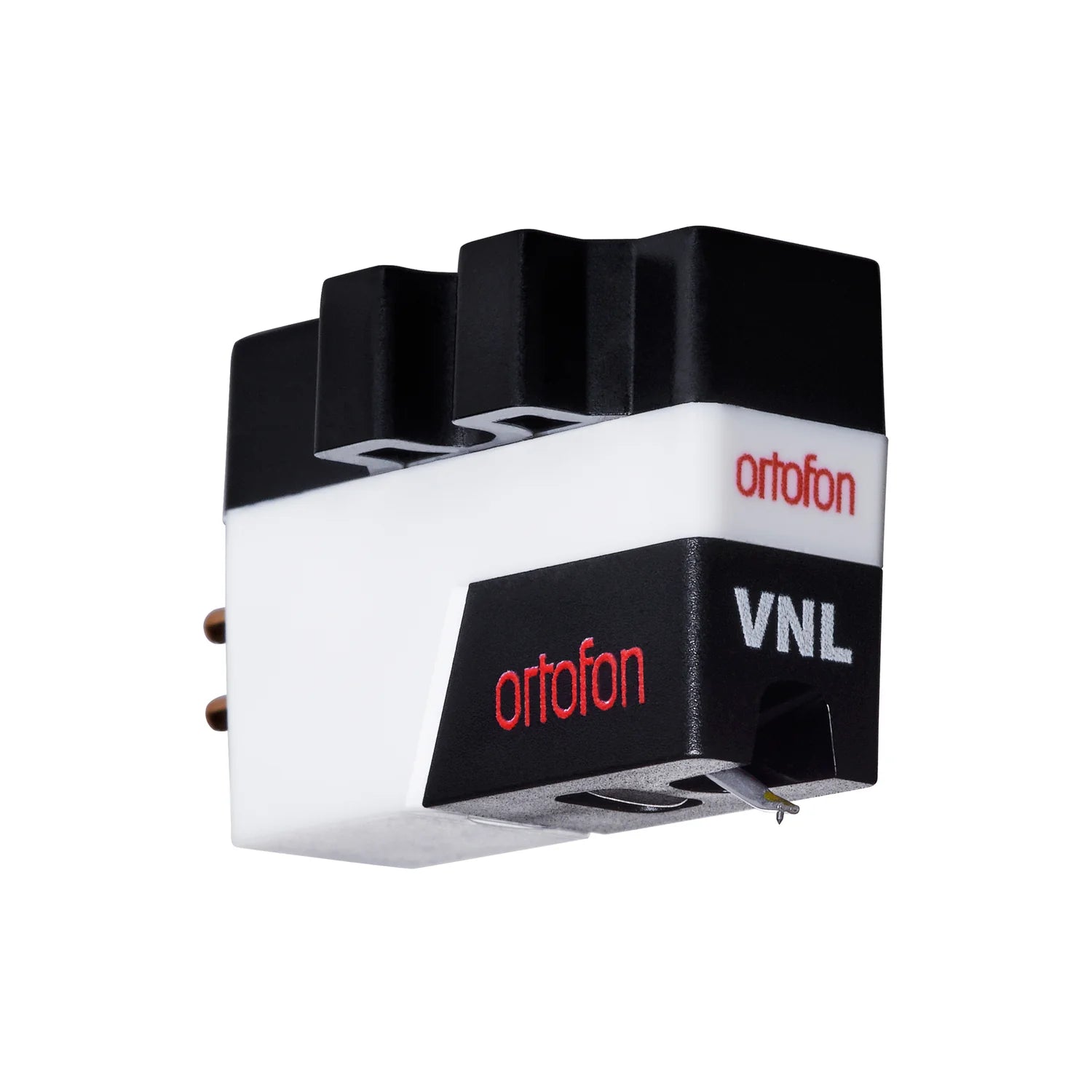 Bottom view of Ortofon VNL turntable cartridge showcasing its sleek design and intricate details.