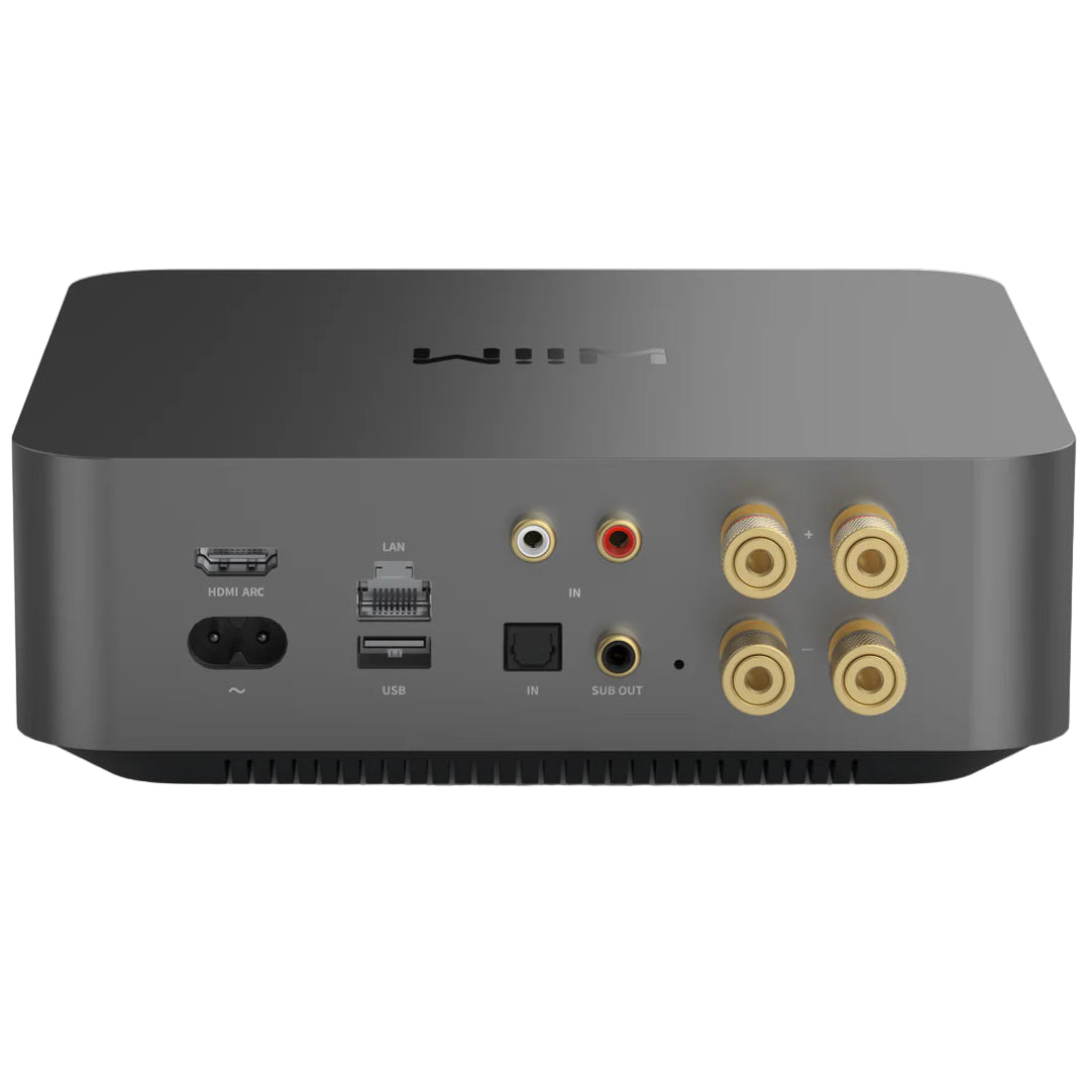 WiiM AMP Pro music streamer device with black finish and control buttons on top, designed for high-quality audio streaming.