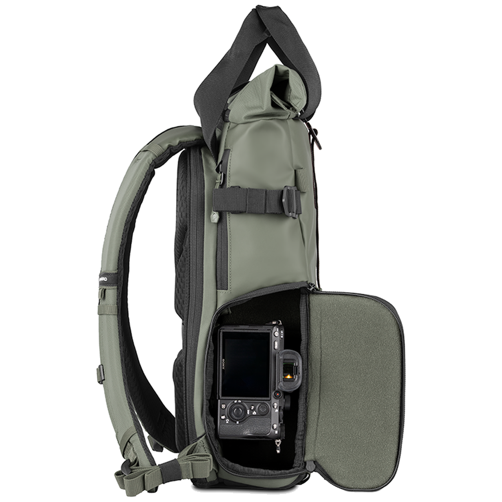 Wandrd Prvke 15L photo bundle bag in Wasatch Green showing side access for video equipment and camera gear storage.