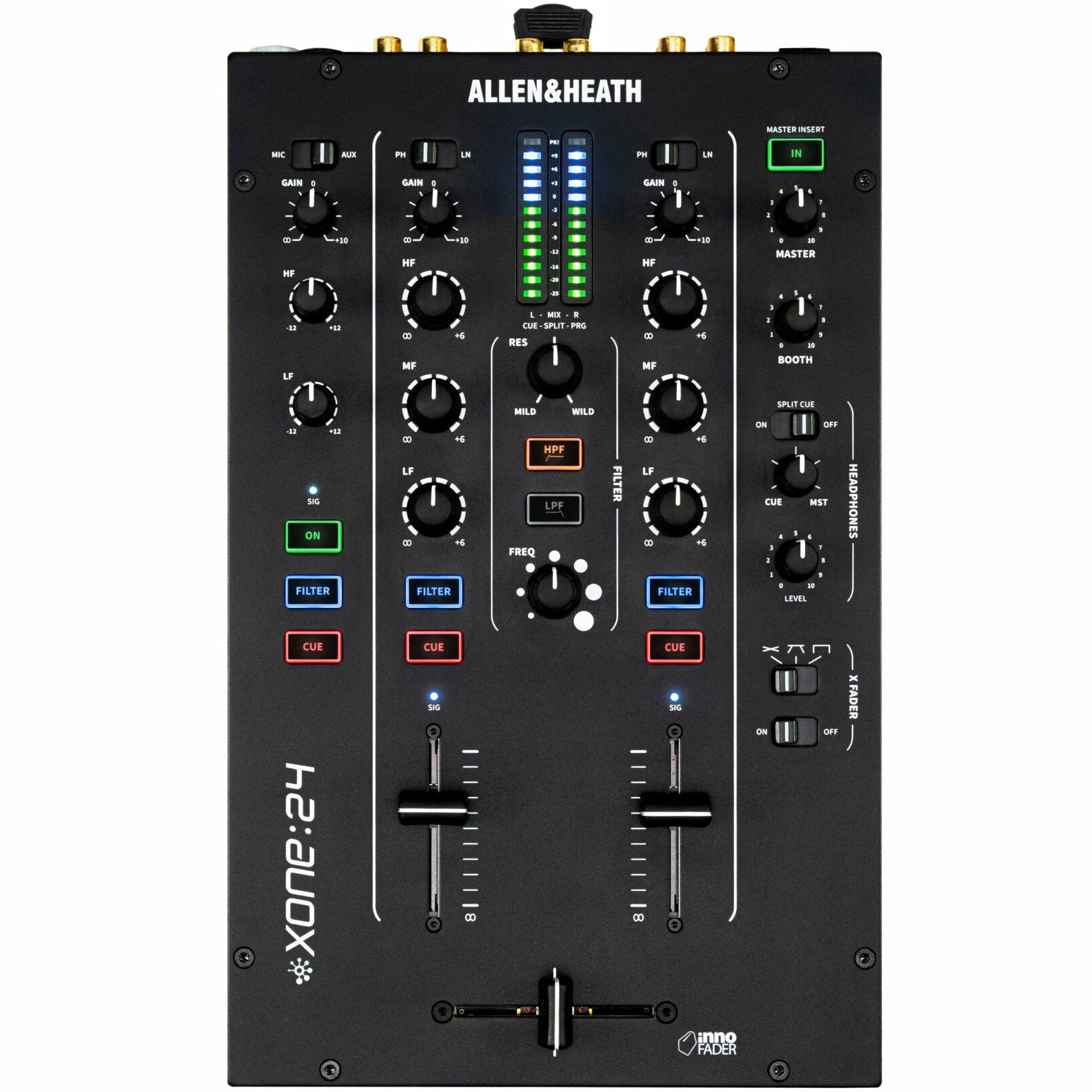 Allen & Heath Xone:24 DJ mixer with top master insert and shorting plugs, showing the detailed control panel and input connections.