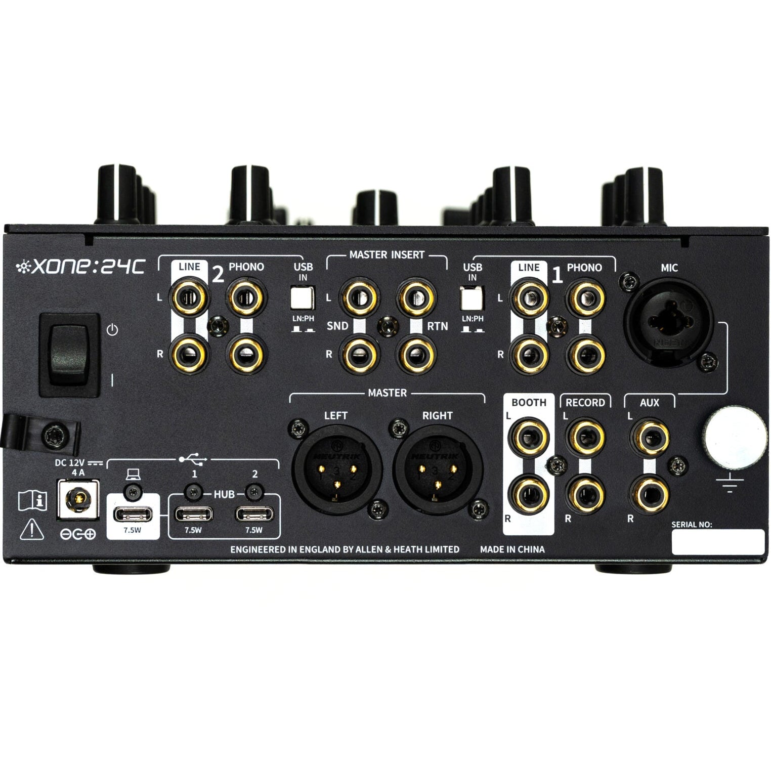 Rear view of Allen & Heath Xone:24C DJ mixer showing input/output connections and control panel.