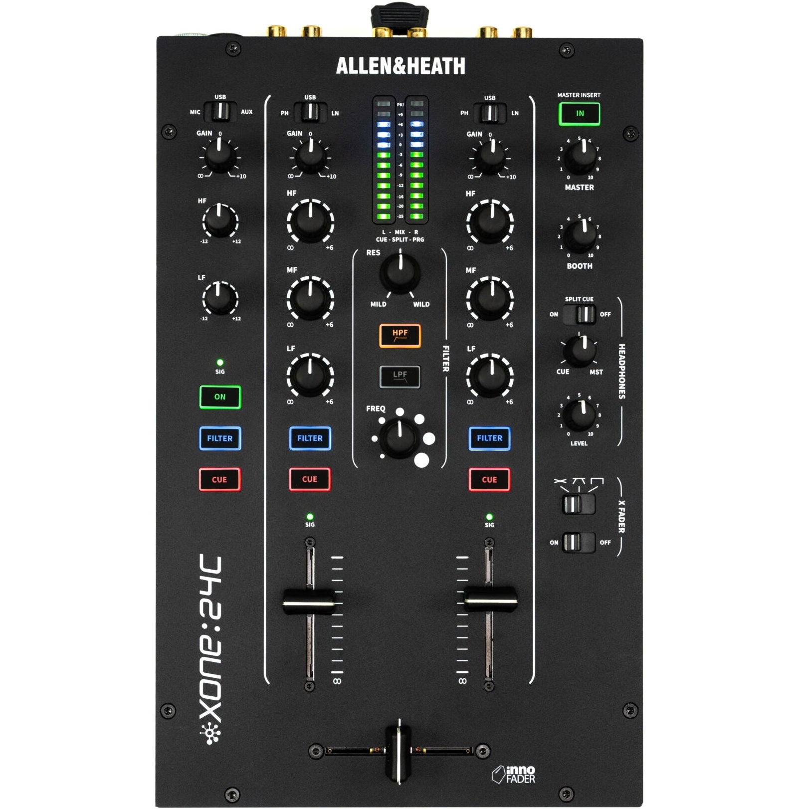 Allen & Heath Xone:24C DJ mixer with top master insert and shorting plugs, showcasing its professional audio interface and controls.