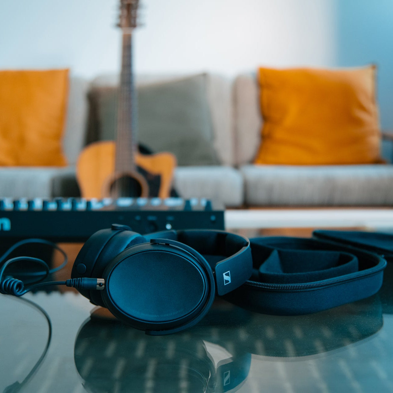 Sennheiser HD 480 Pro Plus studio headphones with over-ear design and adjustable headband, black color, on a neutral background.