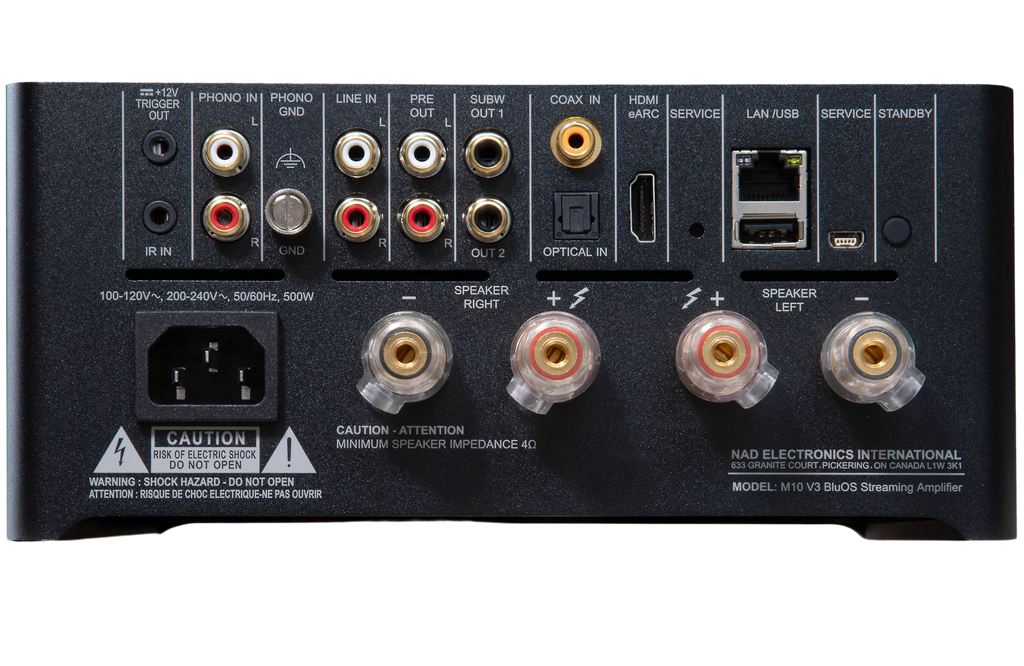 NAD M10 V3 stereo amplifier with sleek black design, front panel with control knobs and display screen.