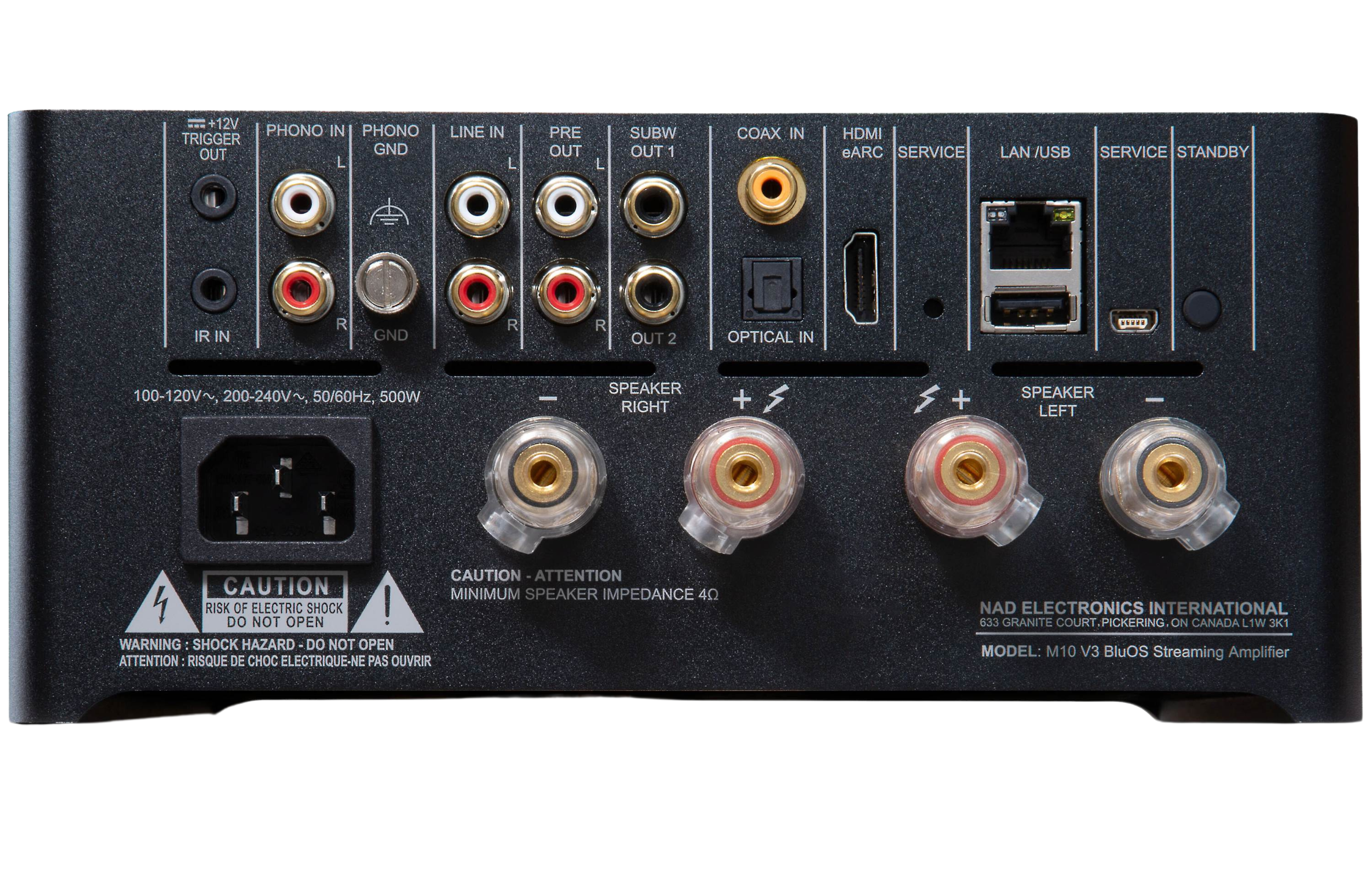 NAD M10 V3 stereo amplifier with sleek black design, front panel with control knobs and display screen.