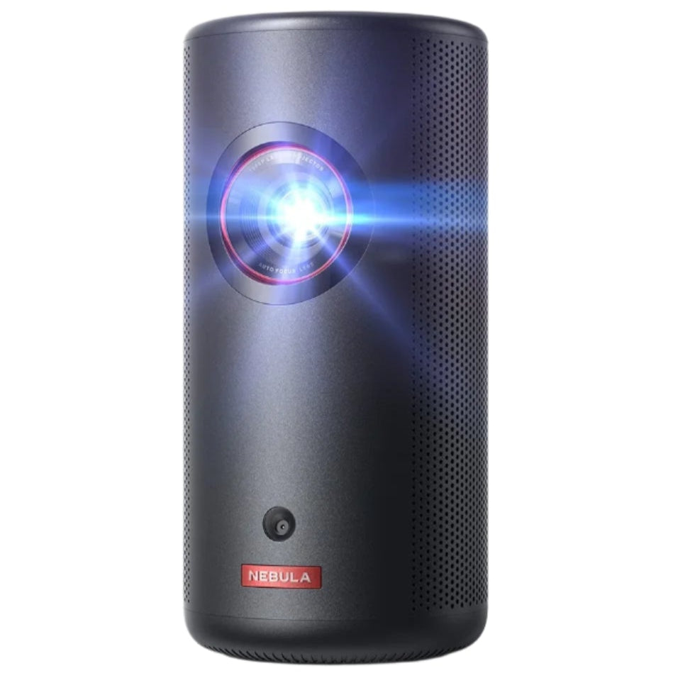 Nebula Capsule 3 Laser projector displaying a vibrant image on a wall, compact design, black color, portable home entertainment device.
