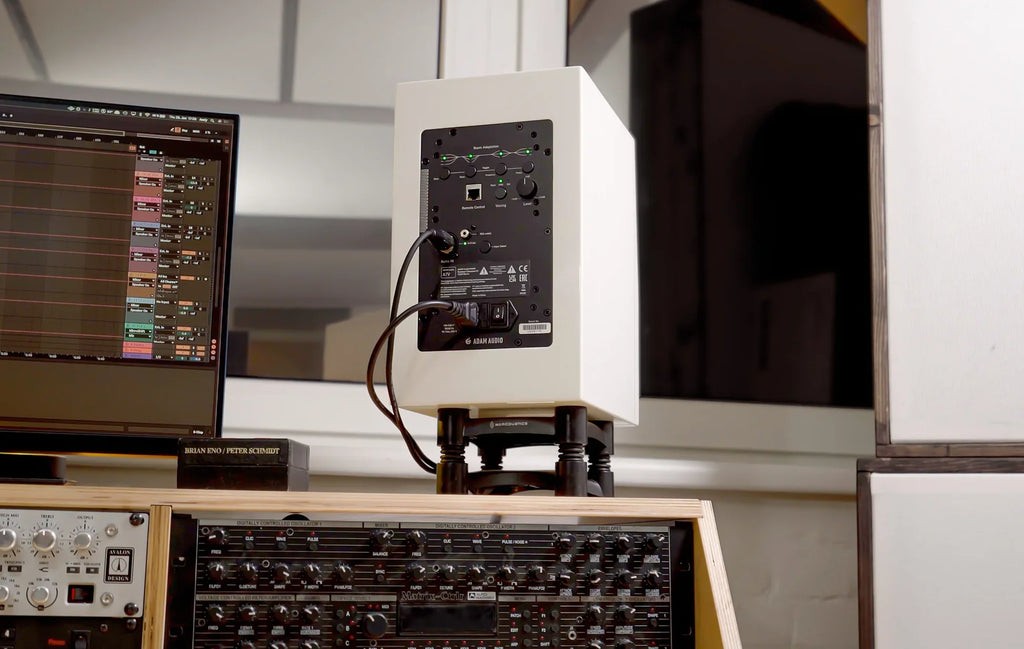 Adam Audio A7V active nearfield studio monitor with limited-edition 25th anniversary backplate in a professional studio setting