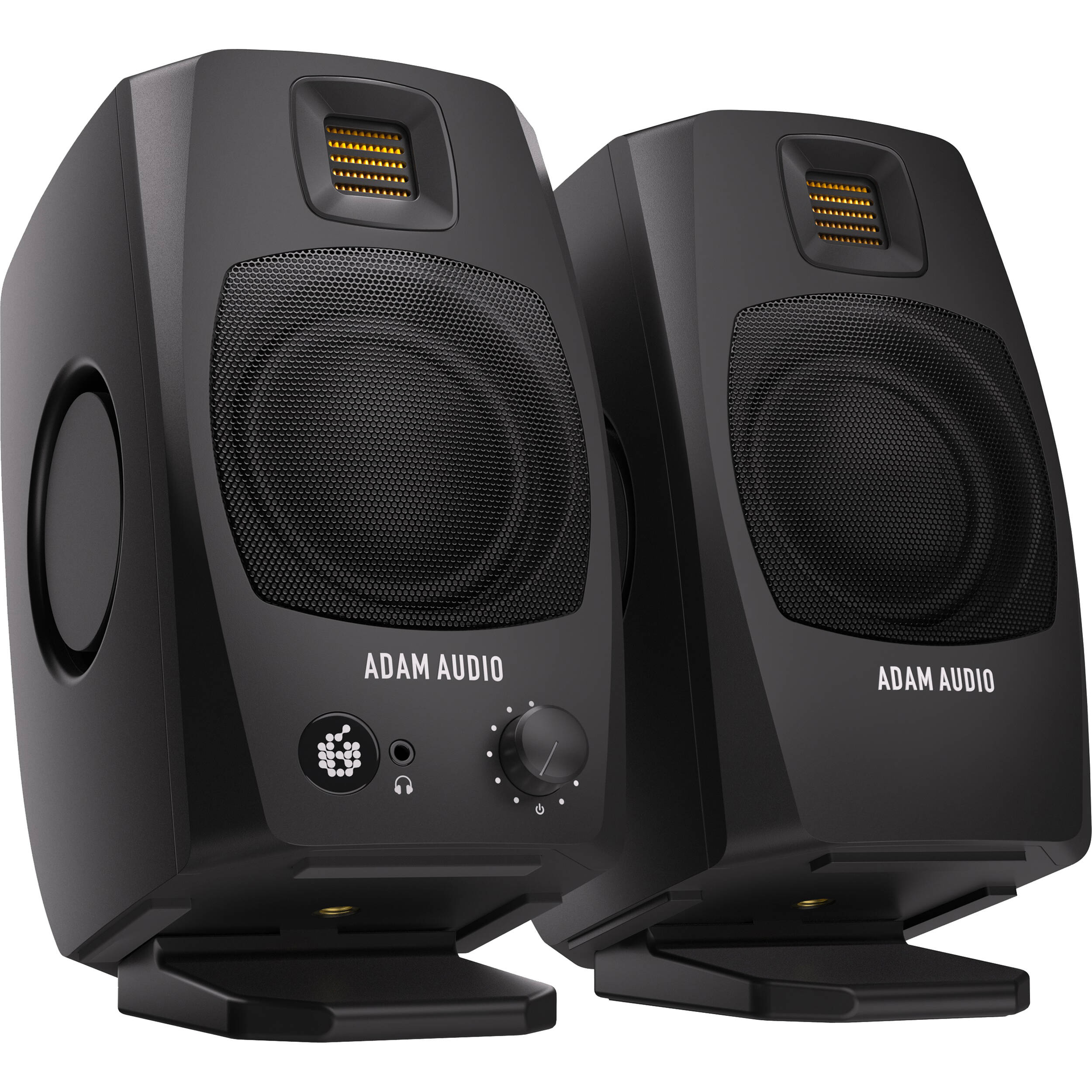 Adam Audio D3V active studio monitor, in black, lifestyle setting