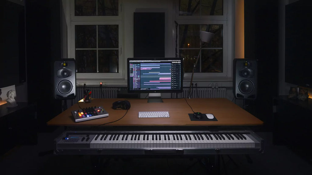 Adam Audio S3V studio monitor placed on a desk in a professional music studio setup.