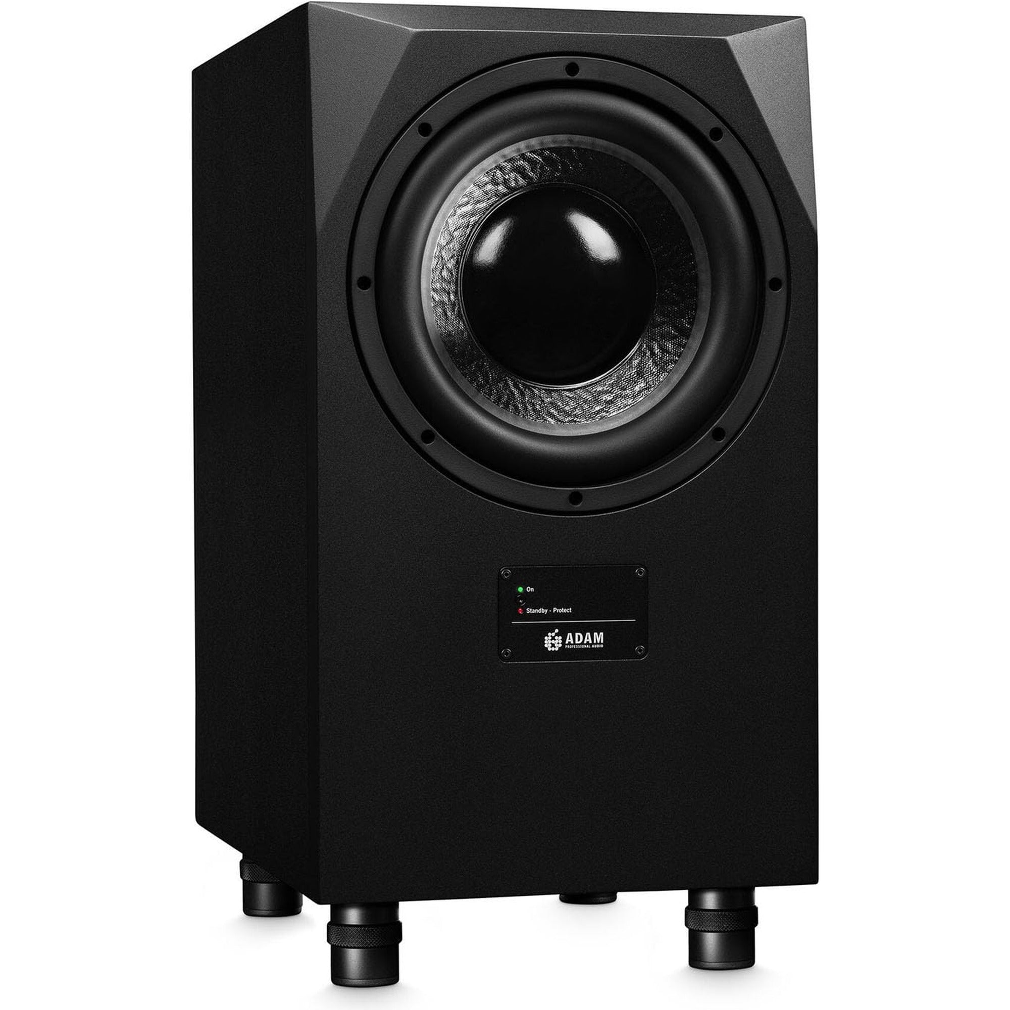 Adam Audio Sub10 MK2 subwoofer showing its sleek black cabinet and front grille, designed for professional audio monitoring.