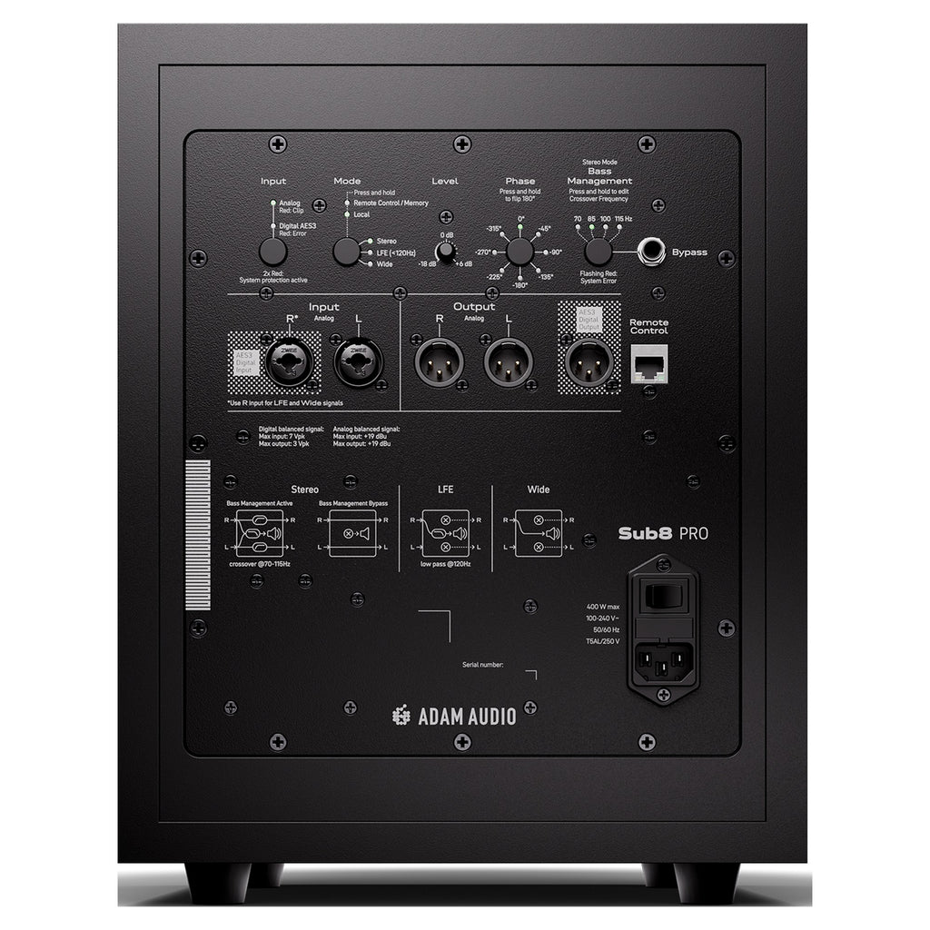 Adam Audio Sub8 PRO, rear panel with XLR/TRS combo, AES3 and Ethernet connections
