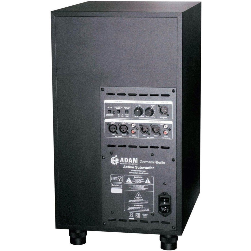 Adam Audio Sub10 MK2 subwoofer with sleek black enclosure and control panel, designed for high-quality audio monitoring.