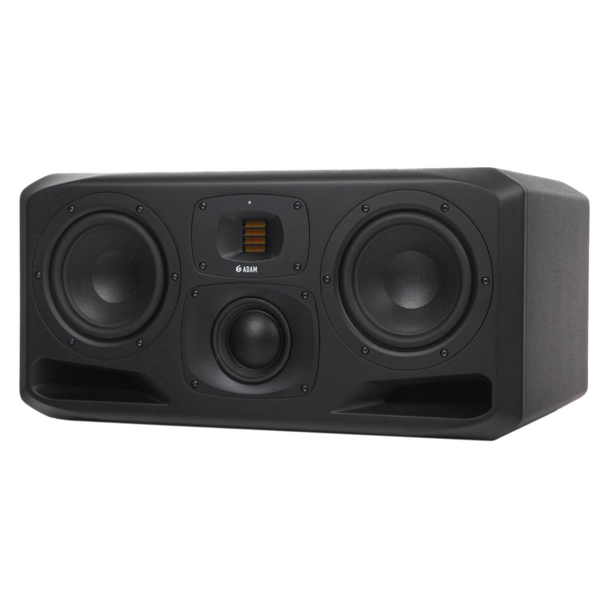 Adam Audio S3H mid-field and main monitors with sleek black cabinets and detailed speaker drivers for professional studio use.