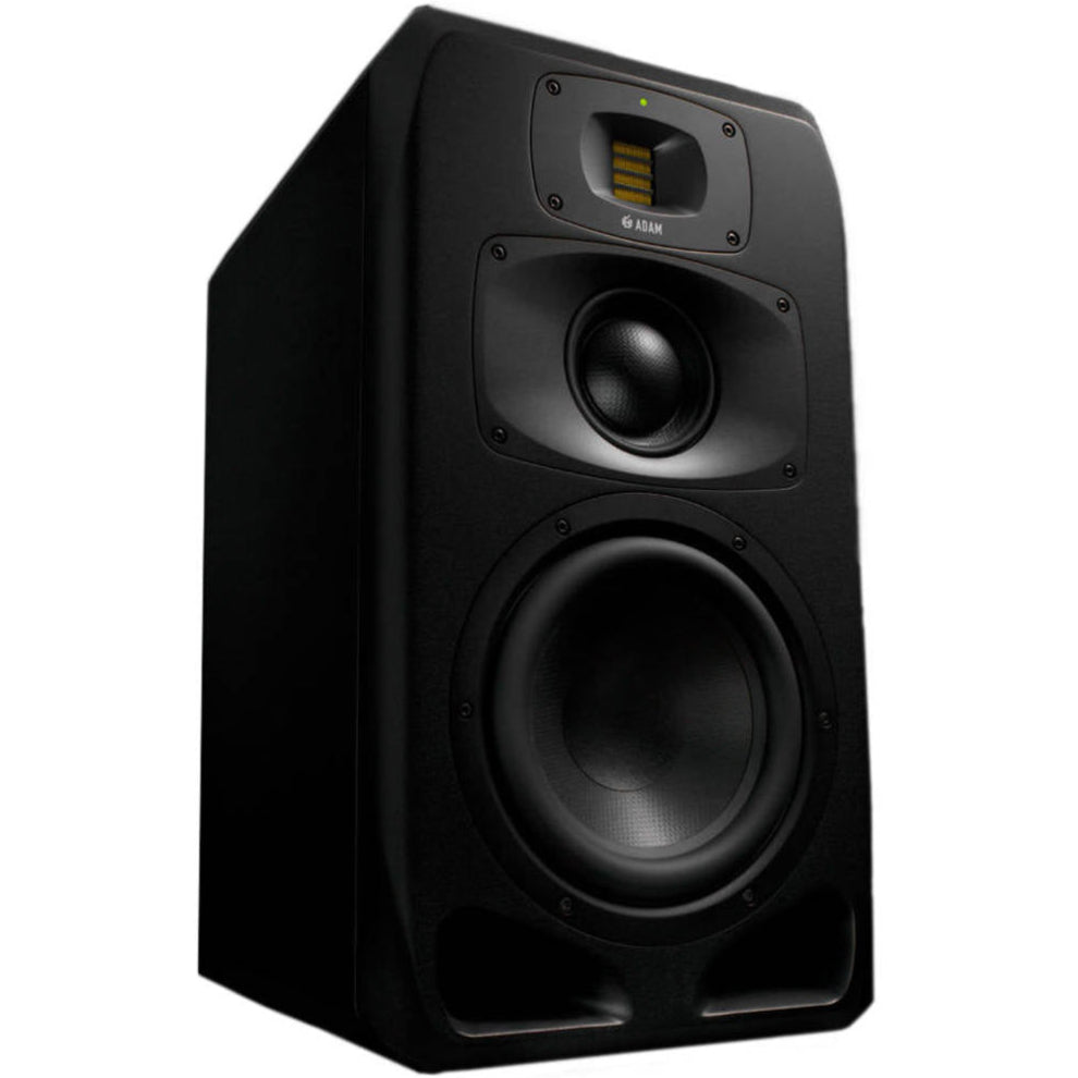 Adam Audio S3V mid-field and main monitors shown, featuring sleek design and professional audio equipment for studio monitoring.