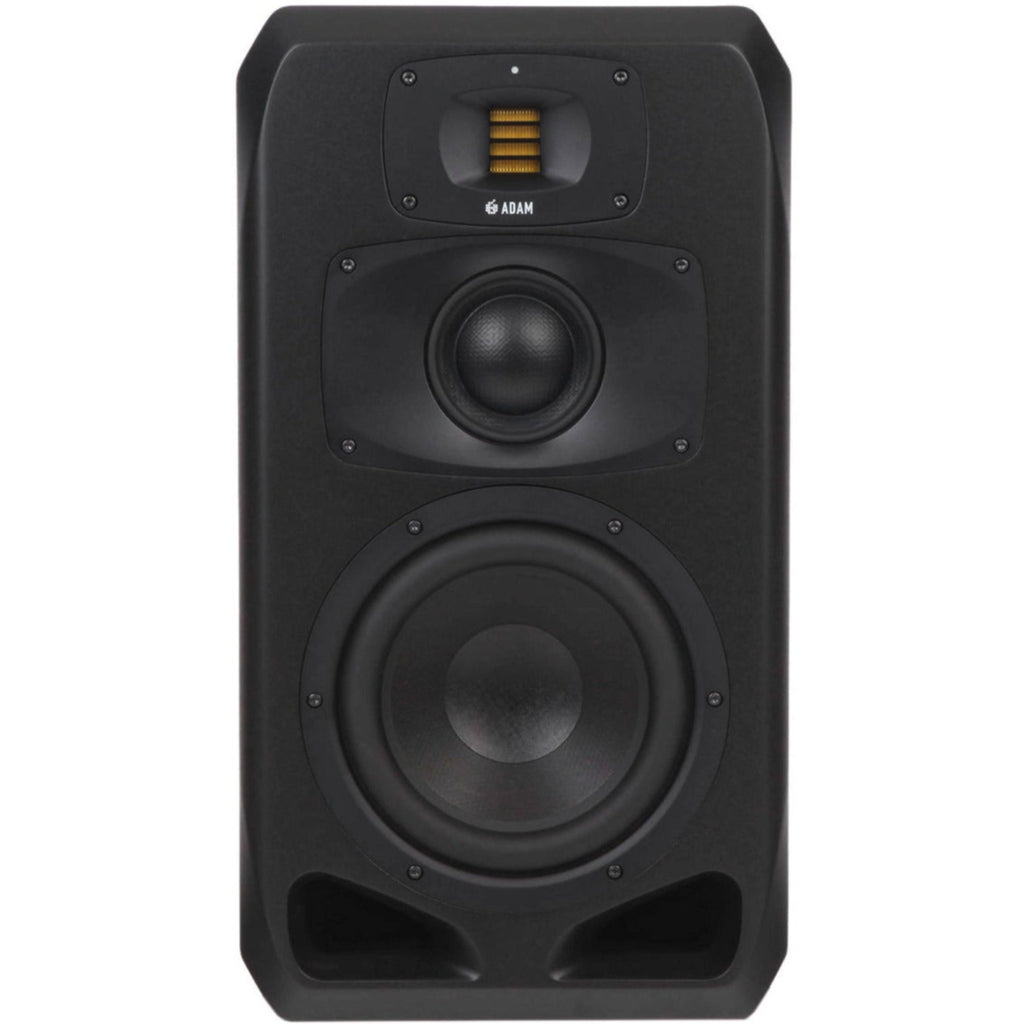 Adam Audio S3V mid-field and main monitors, black speaker with sleek design and detailed speaker grille, suitable for professional audio.
