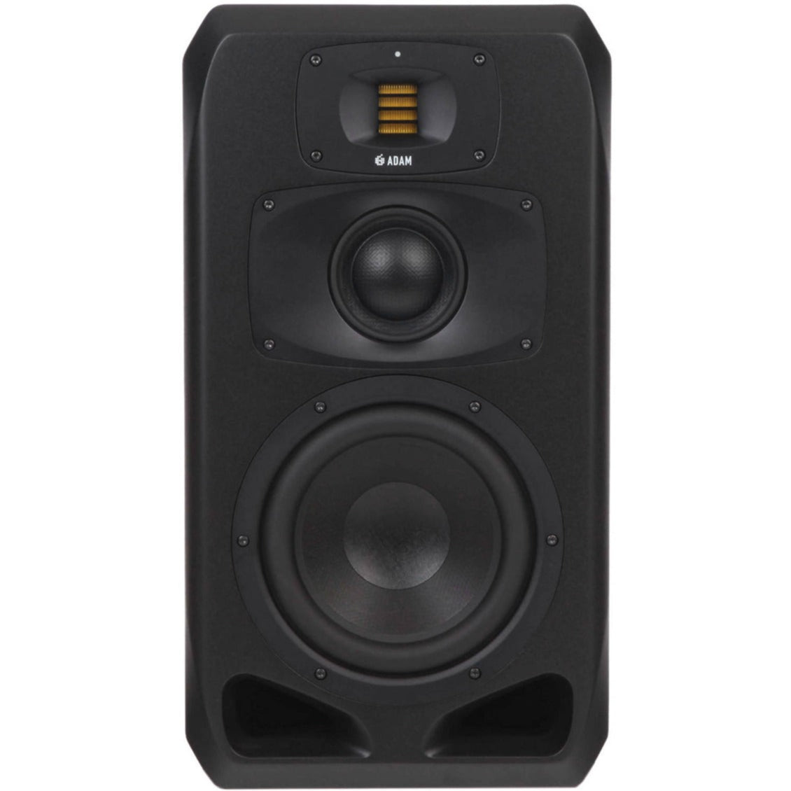 Adam Audio S3V mid-field and main monitors, black speaker with sleek design and detailed speaker grille, suitable for professional audio.