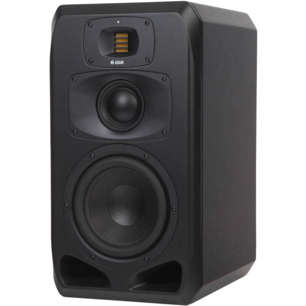 Adam Audio S3V mid-field and main studio monitors, showing the sleek black speaker with control knobs and front grille.