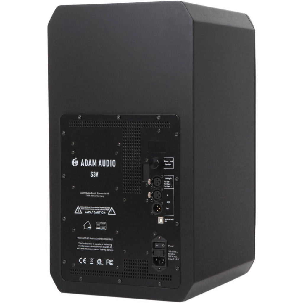 Adam Audio S3V mid-field and main studio monitors shown in a professional audio setup, highlighting the sleek design and drivers.