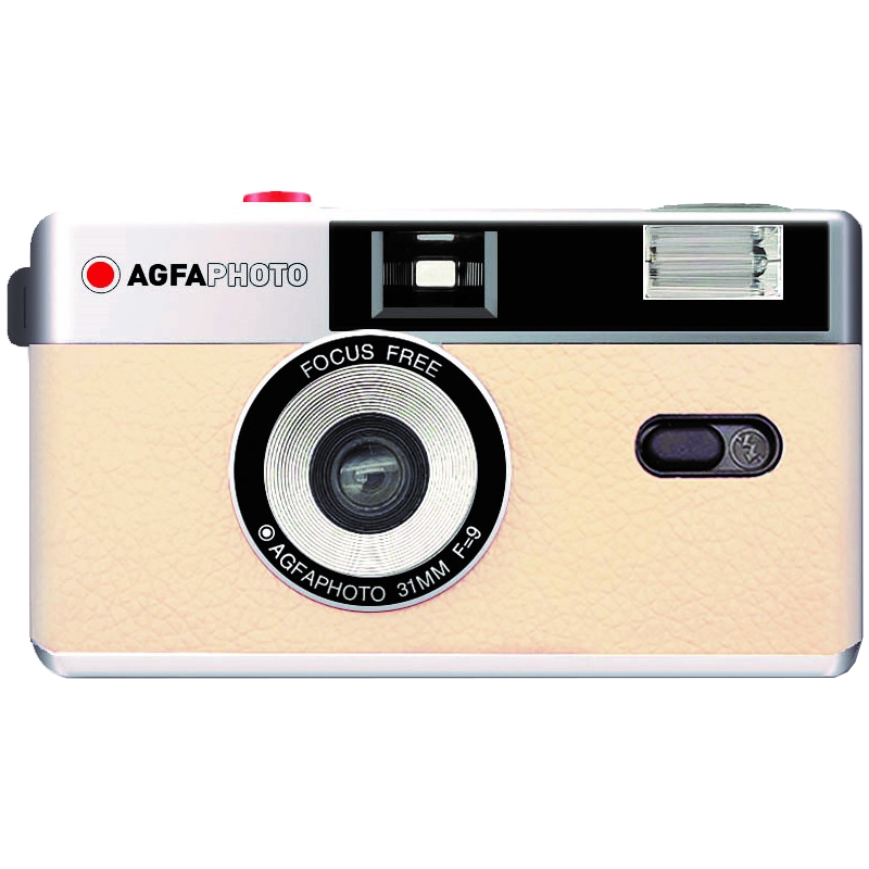 AgfaPhoto Reusable Compact Camera for instant film photography, featuring a sleek, portable design in black and silver.