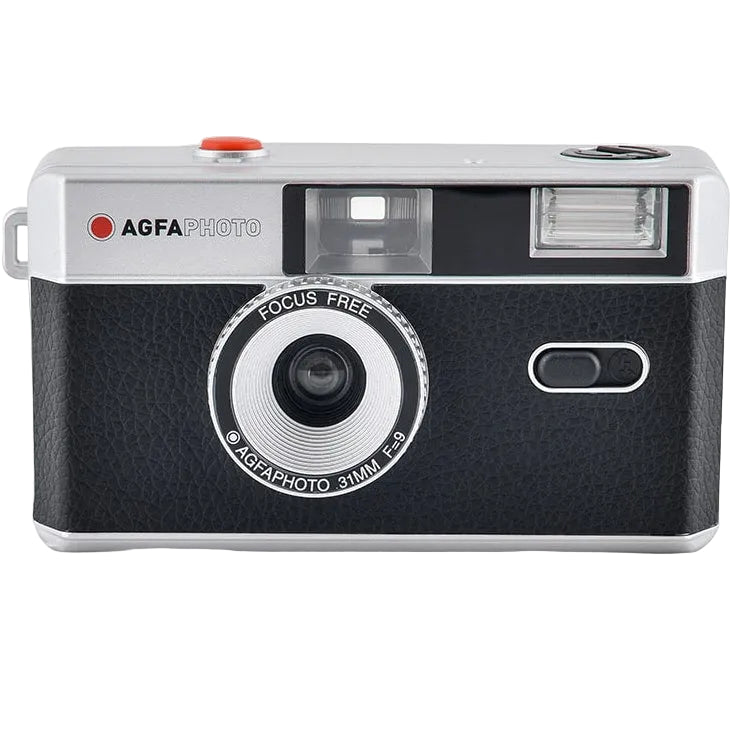 AgfaPhoto reusable compact analogue camera for instant photos, black and silver design, with lens and viewfinder visible