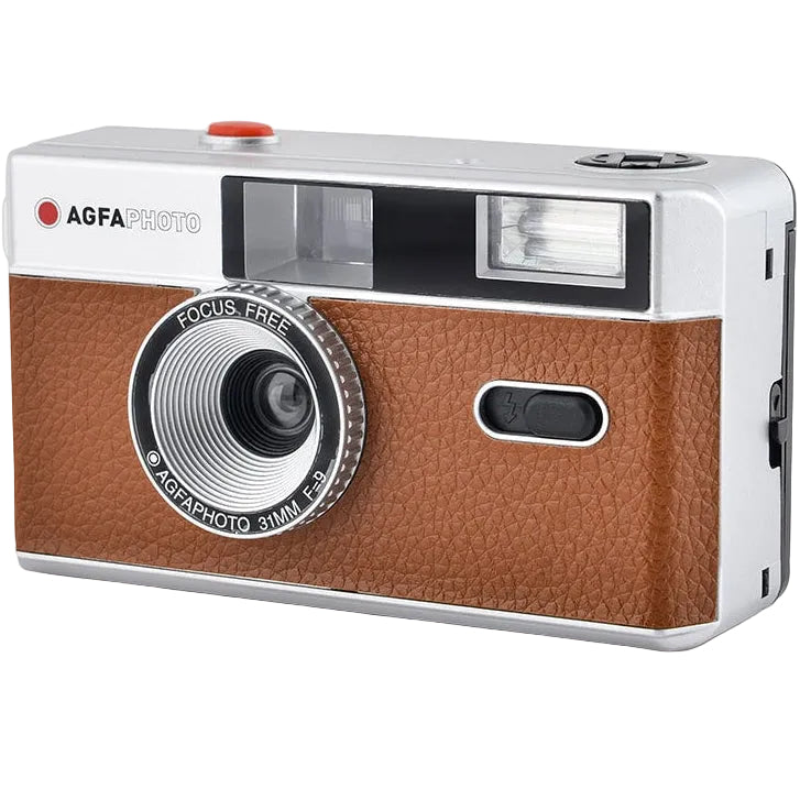 AgfaPhoto reusable compact analogue camera for instant photography, featuring a sleek design and easy-to-use manual controls.