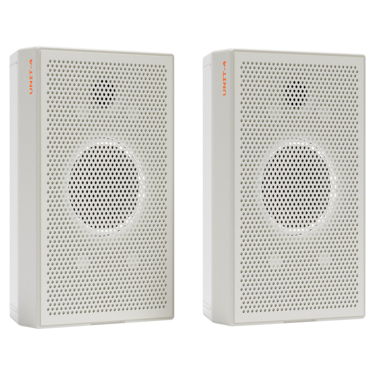 AIAIAI UNIT-4 MKII, pair of white speakers with grilles, front view