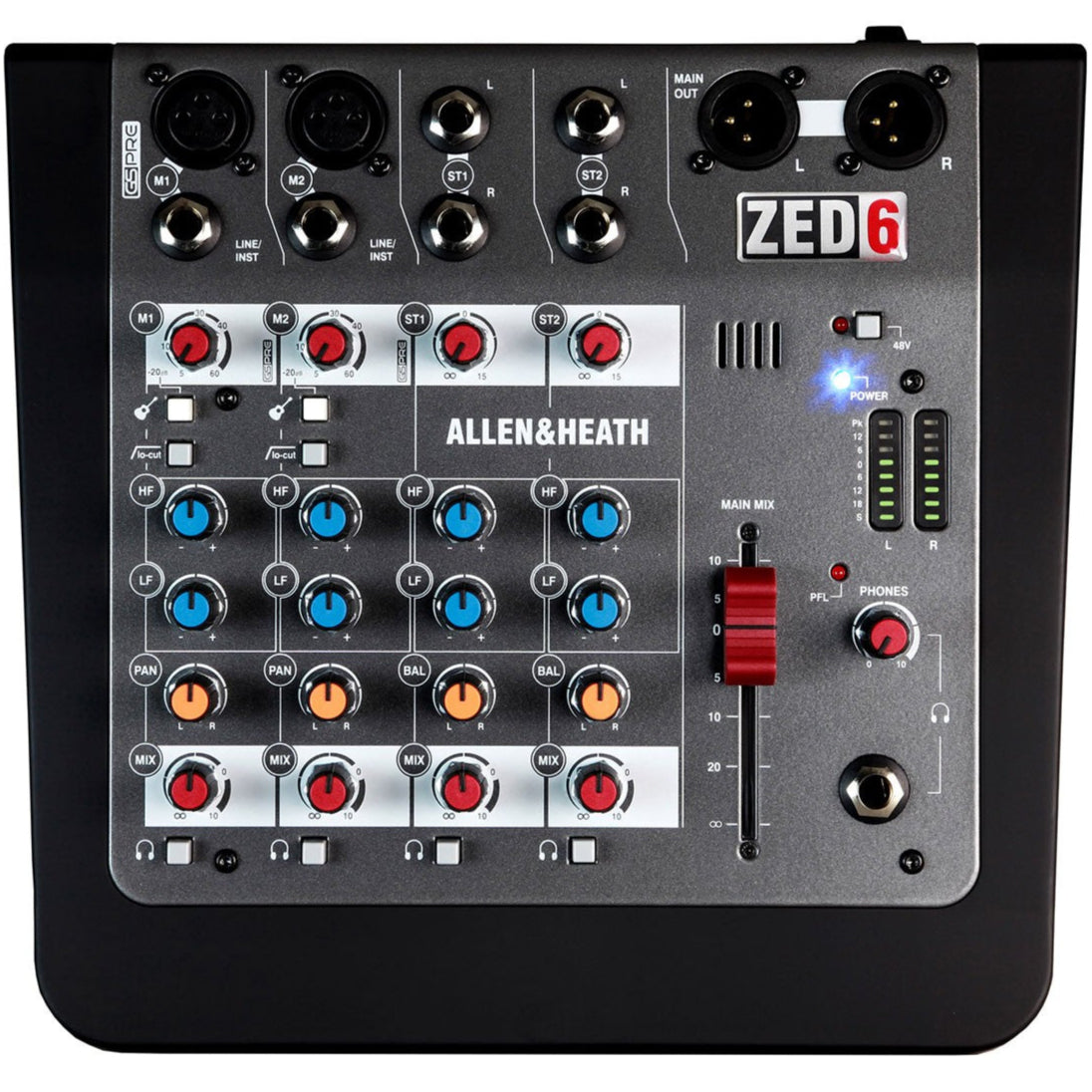 Allen & Heath ZED-6 analog mixer with multiple input channels and control knobs, compact audio mixing console.