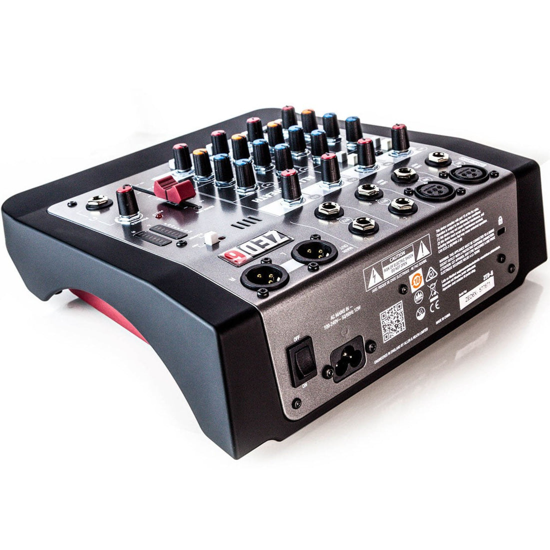 Allen & Heath ZED-6 analog mixer with multiple input channels and control knobs, used for audio mixing and sound engineering.