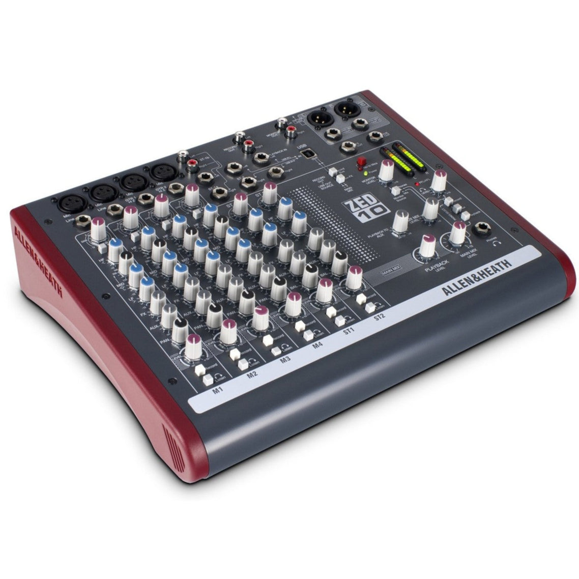 Allen & Heath ZED-10 analog mixer with multiple input channels, knobs, and faders for audio mixing and control.