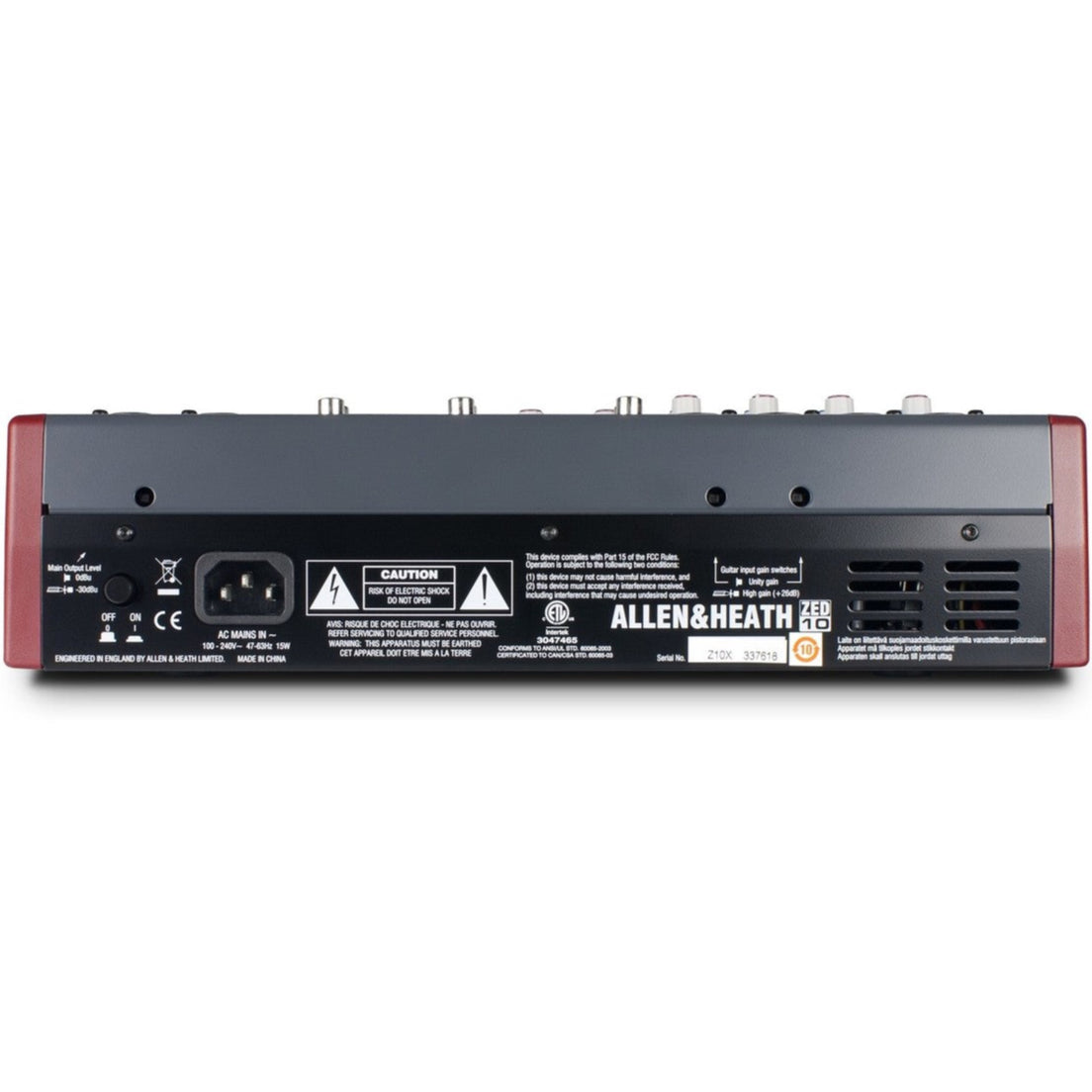 Allen & Heath ZED-10 analog mixer with multiple input channels, knobs, and sliders for audio control.
