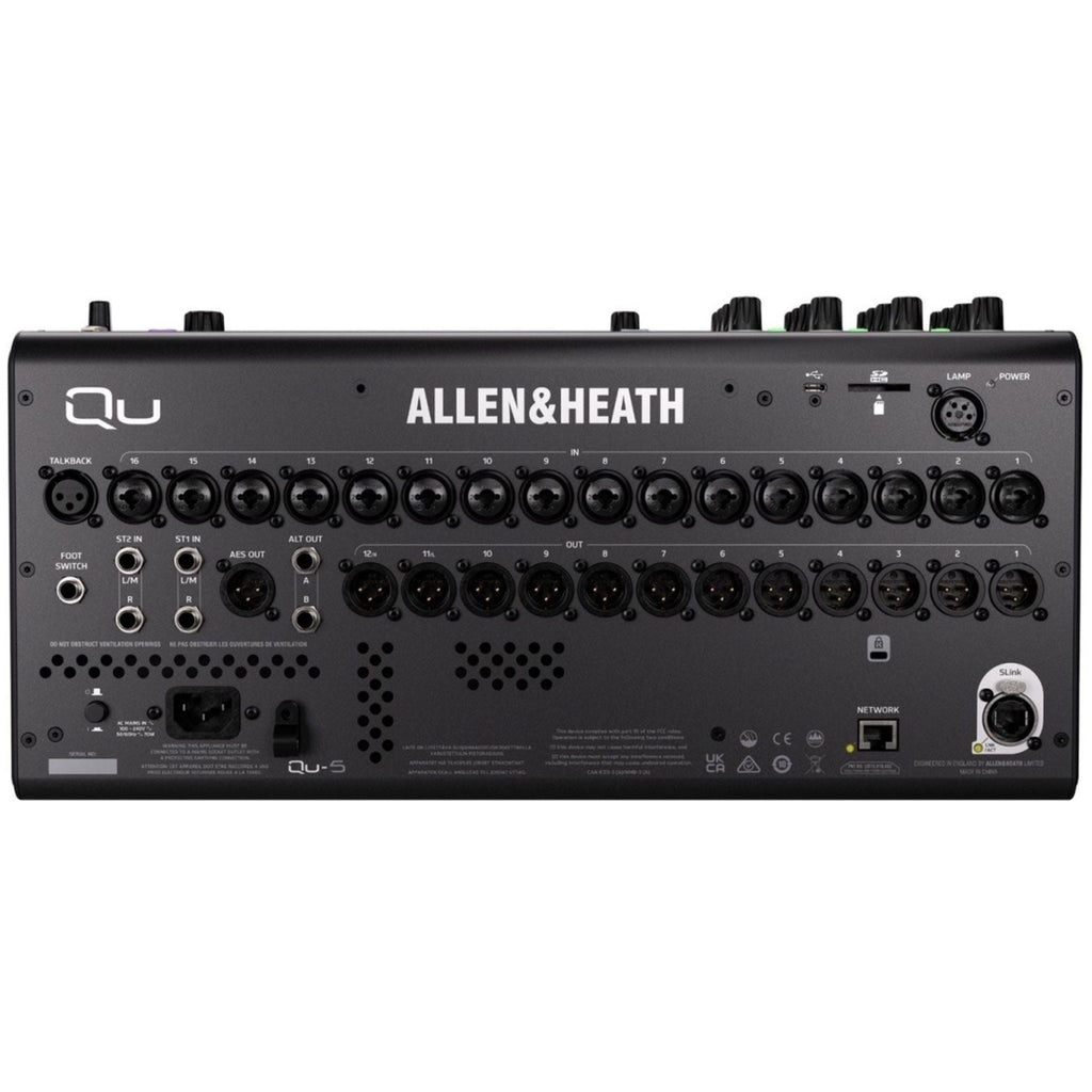 Allen & Heath Qu-5 digital mixer with back panel showing input and output ports, professional audio equipment for live sound and studio.