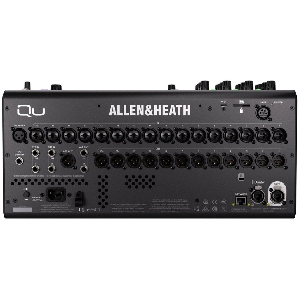 Allen & Heath Qu-5D digital mixer with Dante audio interface, showing rear panel with input and output connections.