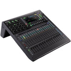 Allen & Heath Qu-5D digital mixer with Dante interface, showing various knobs and input channels from an angled view.