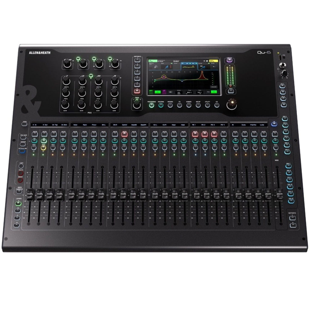 Allen & Heath Qu-6 digital mixer with control knobs, touchscreen display, and input/output ports on top panel.