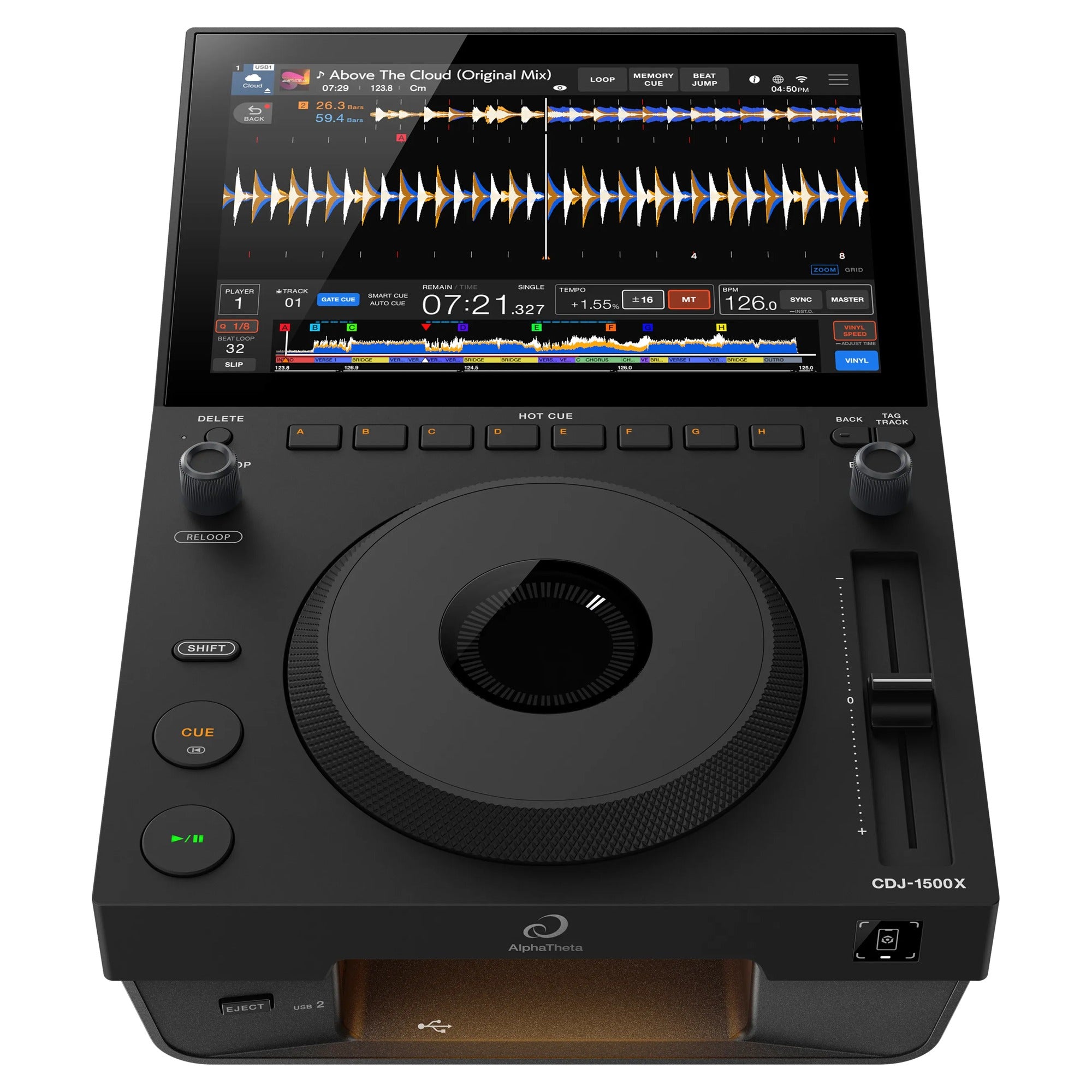 AlphaTheta CDJ-1500X, front three-quarter view on white background