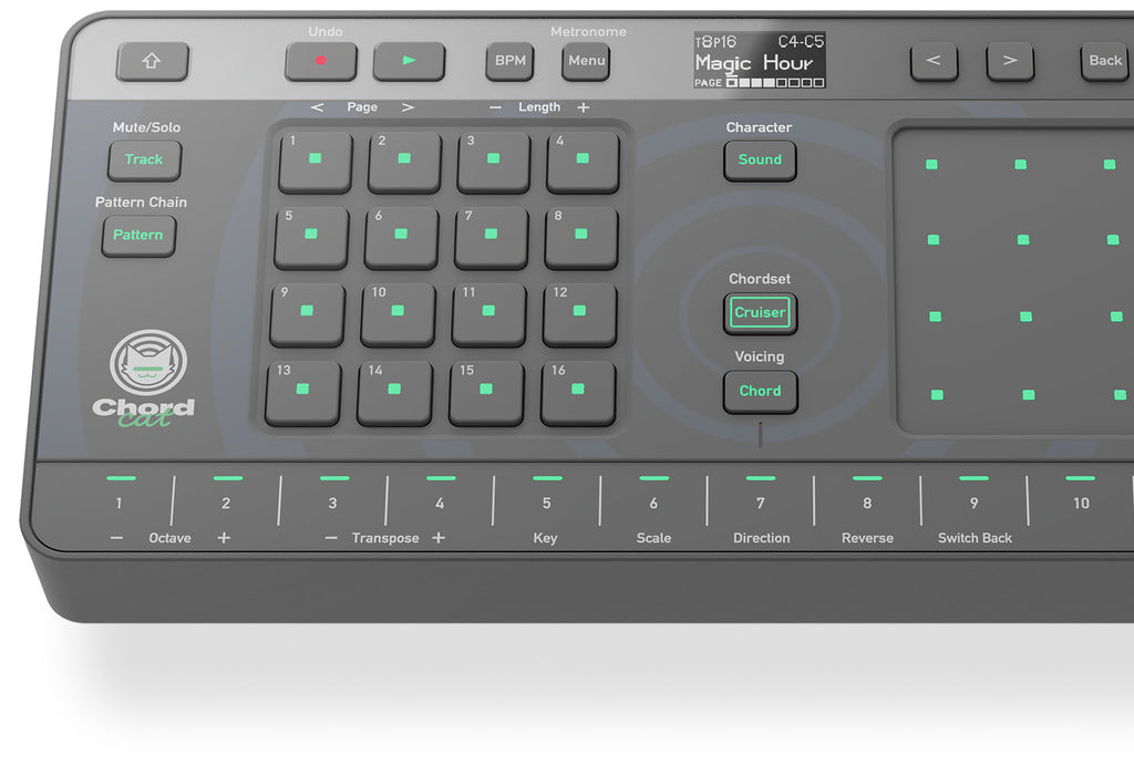 AlphaTheta ChordCat DJ pad controller, close-up of pads and labeled controls.