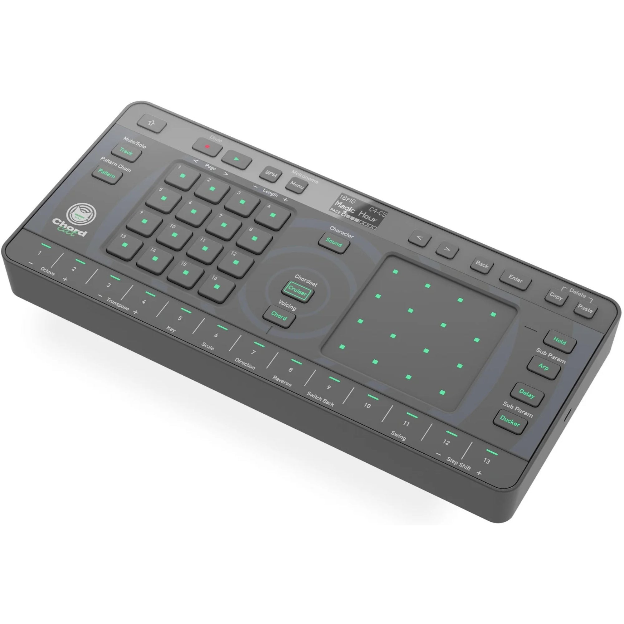 AlphaTheta ChordCat DJ pad controller, device angled top view.