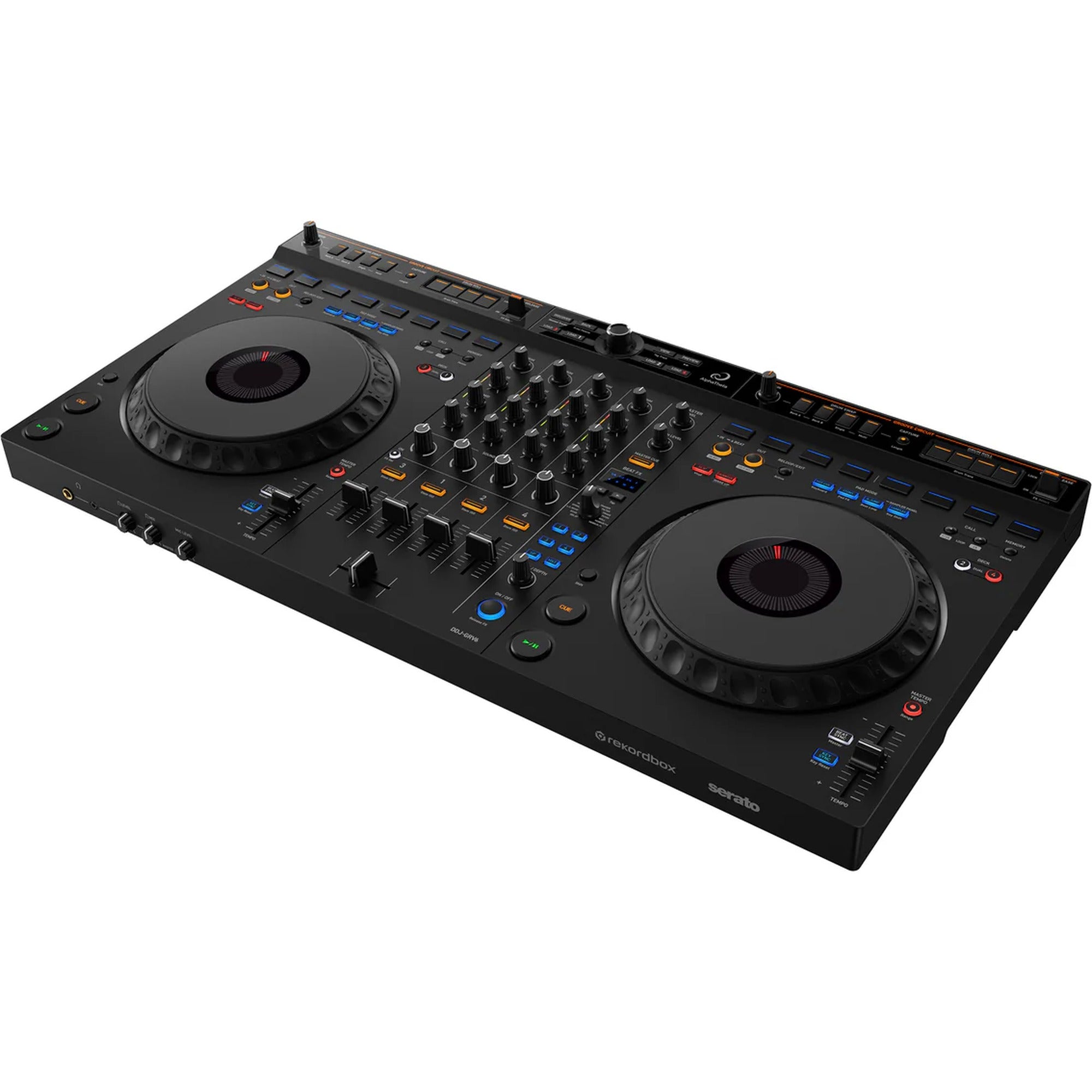 AlphaTheta DDJ-GRV6 DJ controller with jog wheels and control panels, designed for professional DJ performances.
