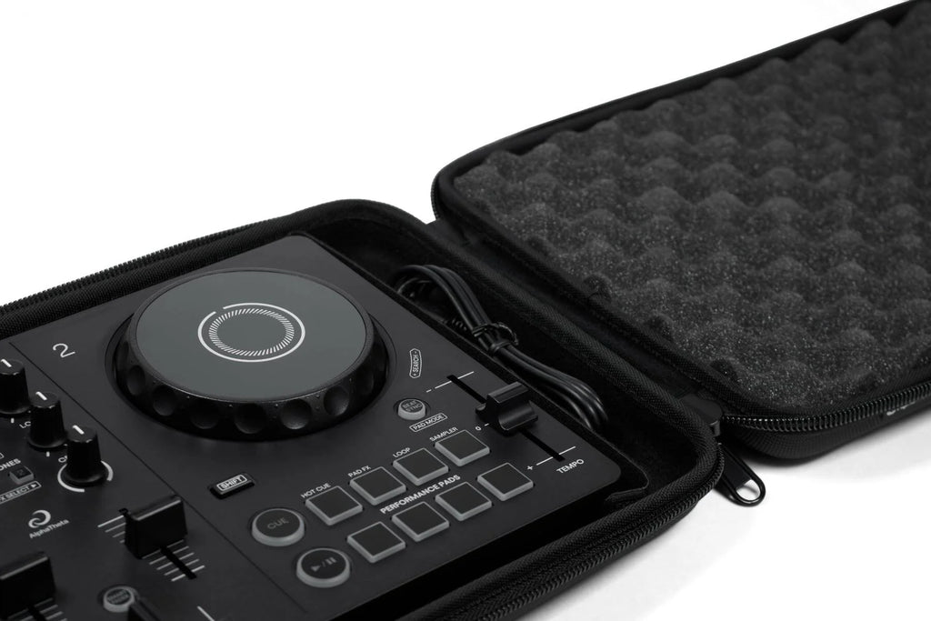 Close-up of AlphaTheta DJC-FLX2 DJ hard case for DDJ-FLX2, showing durable black exterior and secure zipper closure.