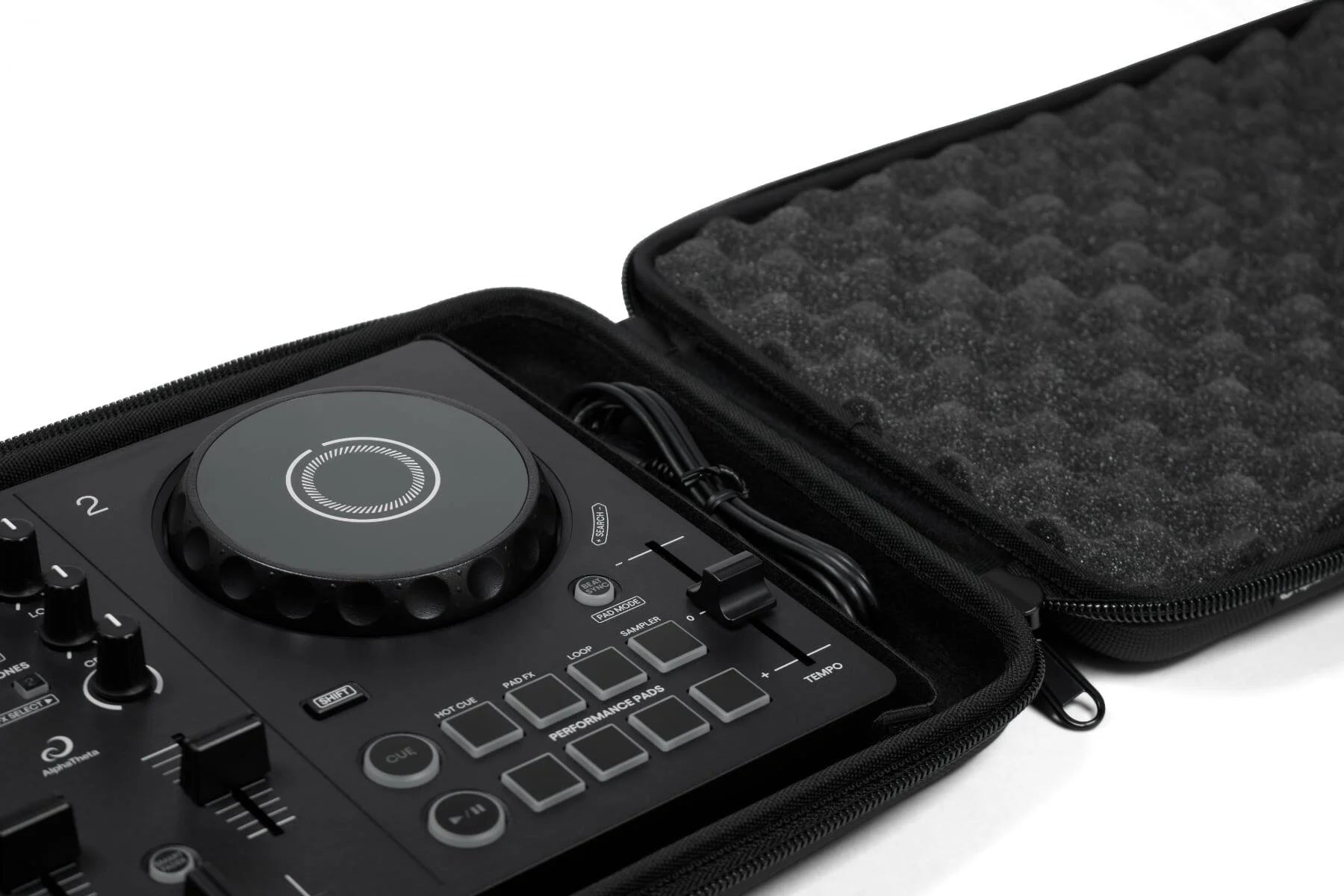 Close-up of AlphaTheta DJC-FLX2 DJ hard case for DDJ-FLX2, showing durable black exterior and secure zipper closure.