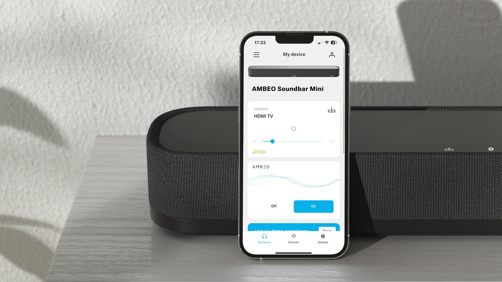 Sennheiser Ambeo Soundbar Mini in a sleek design, shown in landscape orientation with detailed view of the compact TV speaker.