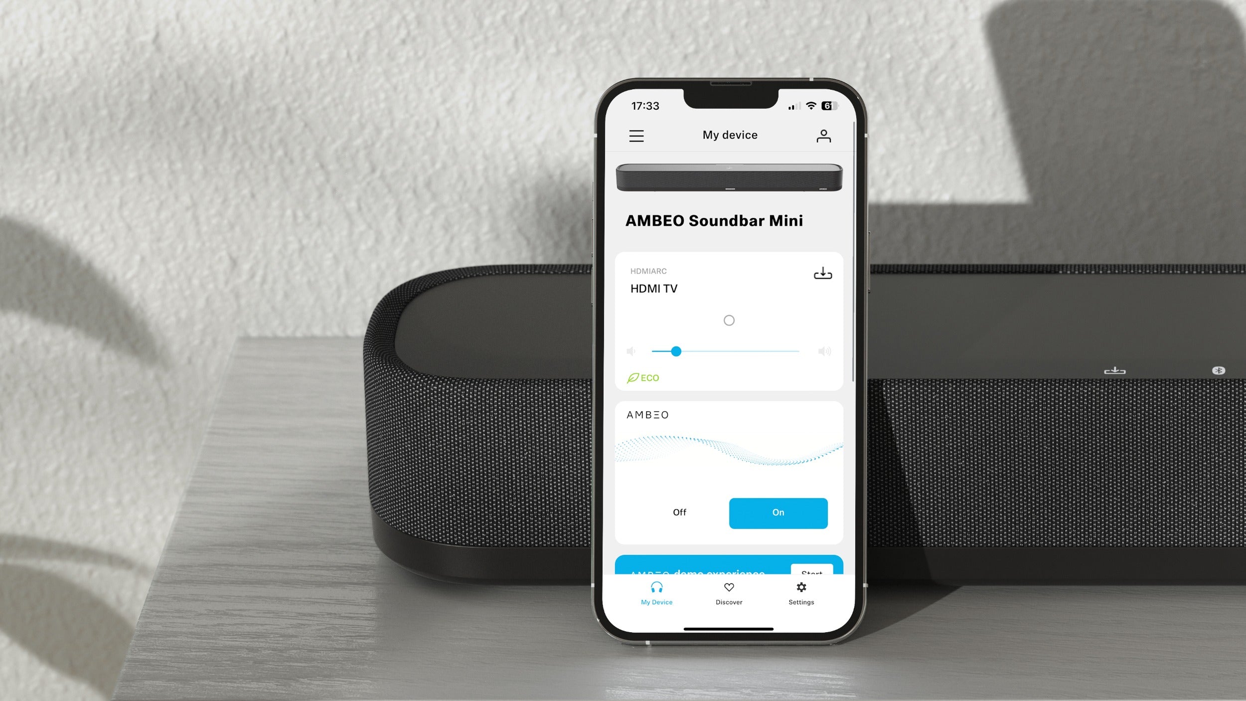 Sennheiser Ambeo Soundbar Mini in a sleek design, shown in landscape orientation with detailed view of the compact TV speaker.