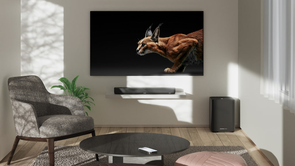 Sennheiser Ambeo Soundbar Mini for TV, sleek black soundbar with built-in speakers, designed for immersive home audio.
