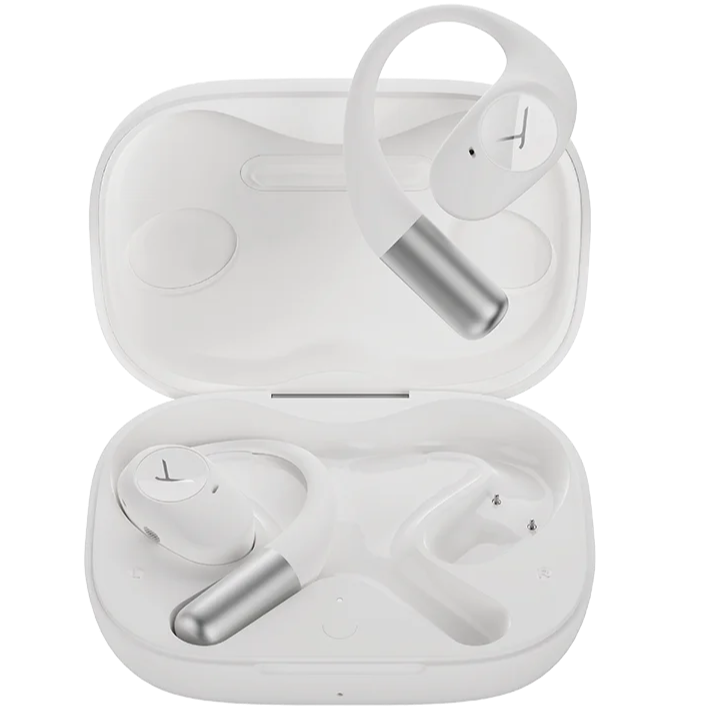 Beyerdynamic Amiron 200 wireless in-ear headphones in white with open-ear design, transparent background showing product perspective.