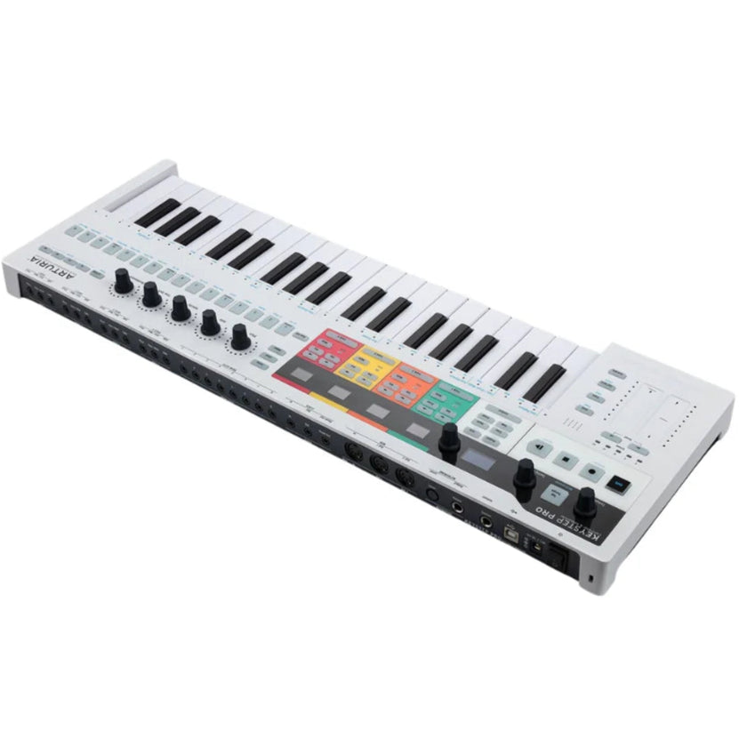 Arturia Keystep Pro sequencer with MIDI controls, step buttons, and colorful interface, designed for music production and performance.