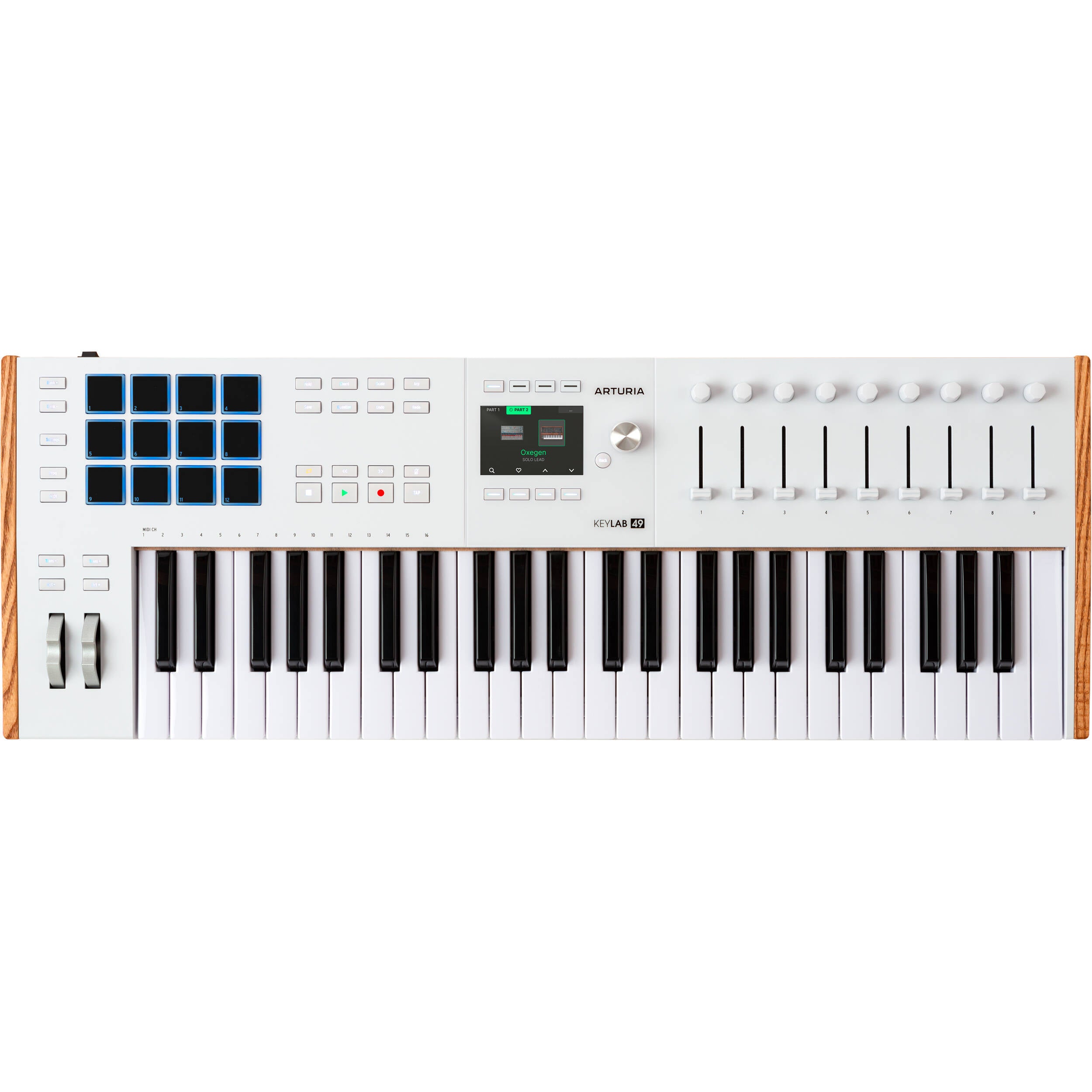 Arturia KeyLab 49 MK3 MIDI keyboard in white finish, angled view with control knobs and transport buttons