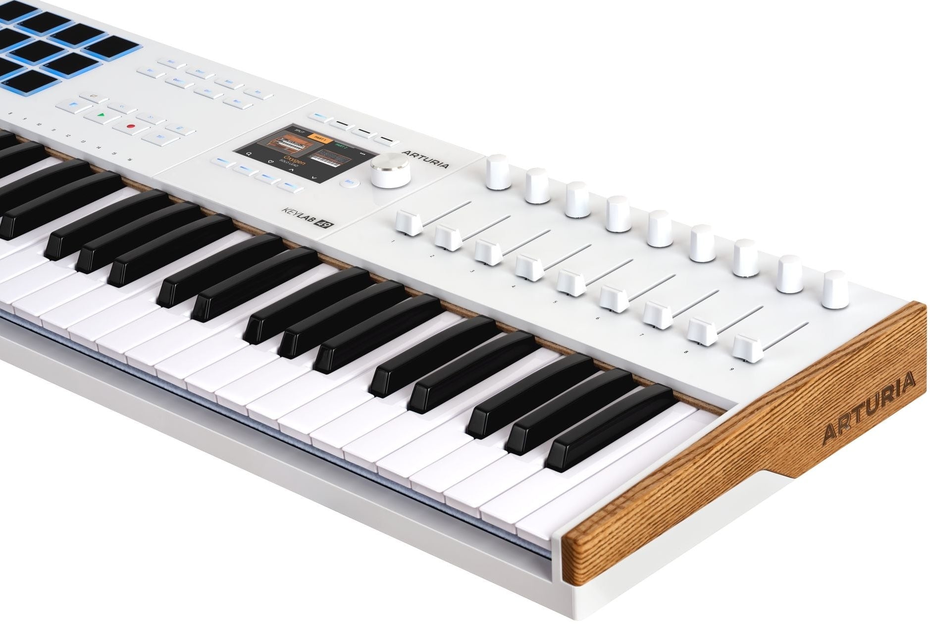 Arturia KeyLab 49 MK3 MIDI keyboard in white finish, close-up angled view showing wooden end panel