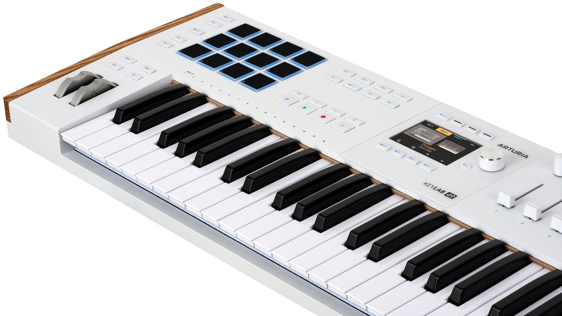 Arturia KeyLab 49 MK3 MIDI keyboard in white finish, angled view showing wooden end panel and keybed