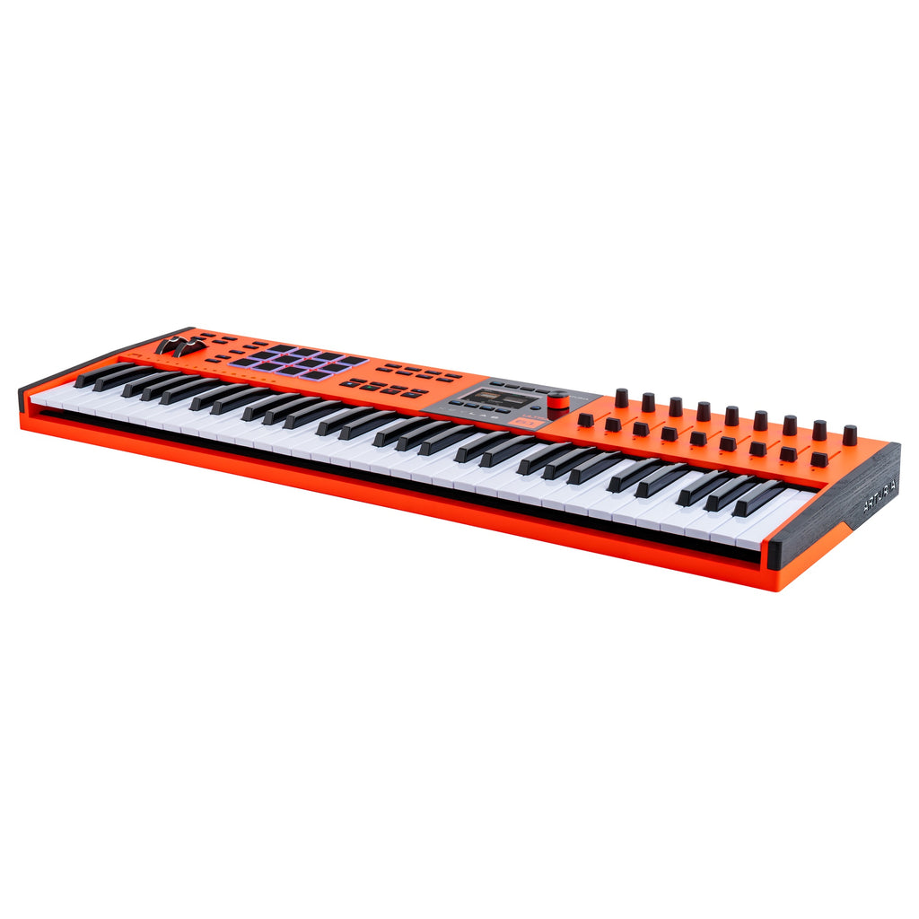 Arturia KeyLab 61 MK3 Ultra MIDI keyboard in orange finish, angled left view showing full keybed